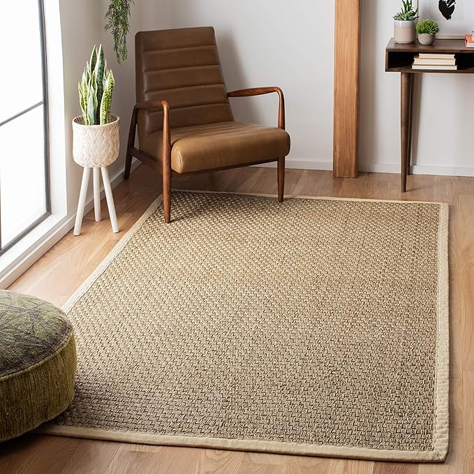 SAFAVIEH Area Rug 5x8 - Natural Fiber Collection - Natural & Ivory, Seagrass, Basketweave Pattern with Border (NF114J)