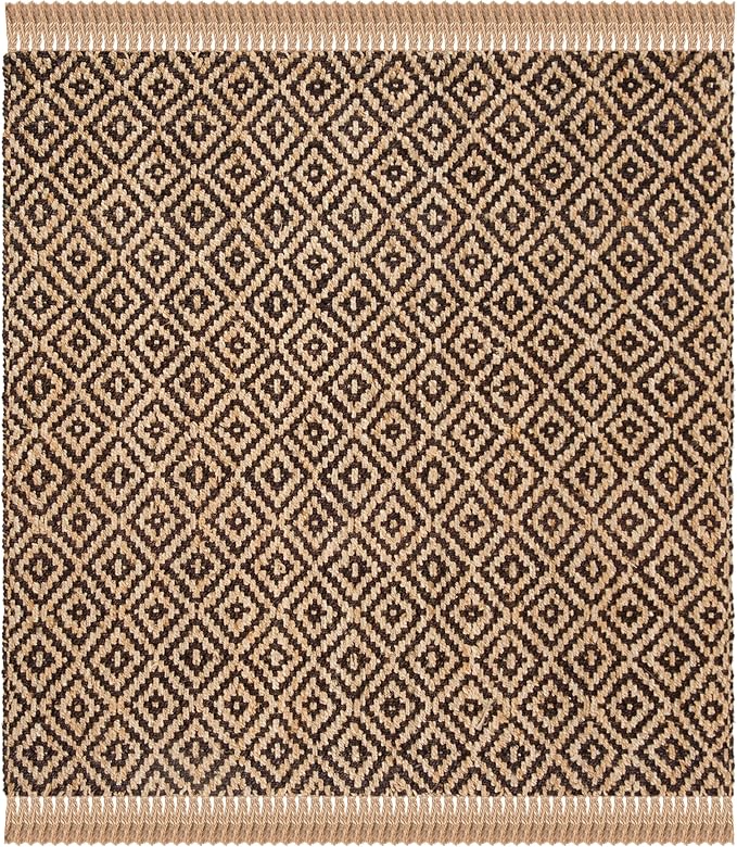 SAFAVIEH Natural Fiber Collection Area Rug - 6' Square, Brown & Natural, Handmade Boho Diamond Tassel Jute, Ideal for High Traffic Areas in Living Room, Bedroom (NF266E)