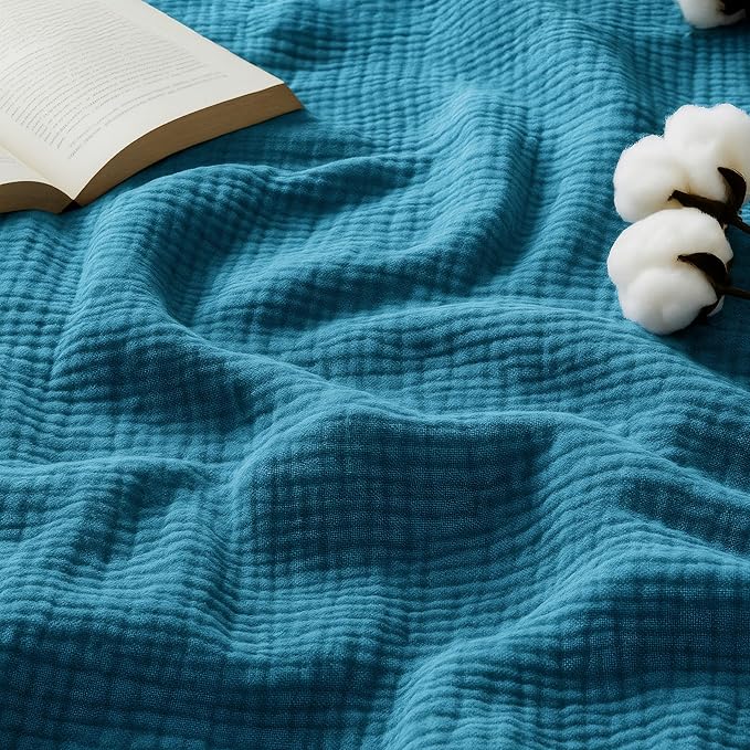 Bedsure 100% Cotton Muslin Throw Blanket Large 50x70 Inches - 4-Layer Breathable and Lightweight Thin Soft Summer Gauze Muslin Blankets for Adults, Teal, Boho Cotton Throw for Couch