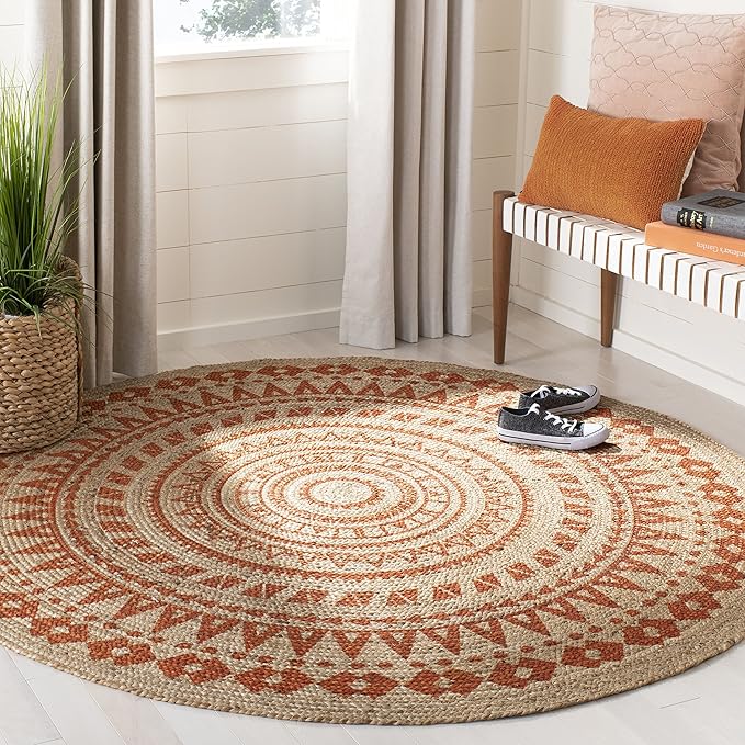 SAFAVIEH Natural Fiber Round Collection 5' Round Orange NF802B Handmade Boho Mandala Braided Jute Area Rug