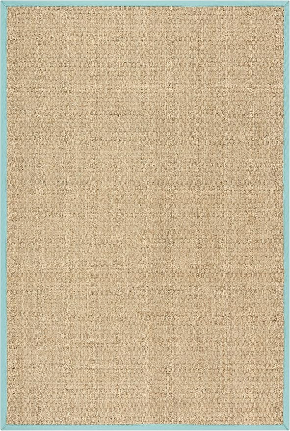 SAFAVIEH Area Rug 6x9 - Natural Fiber Collection - Natural & Teal, Seagrass, Basketweave Pattern with Border (NF114R)