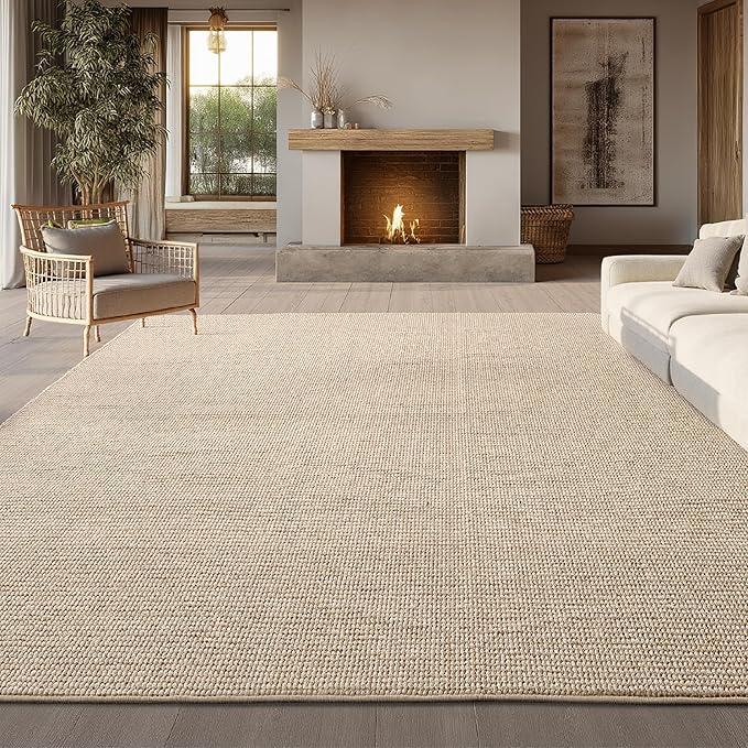 Bedsure 9x12 Faux Wool Area Rugs for Living Room, Machine Washable Carpet, Non-Slip Backing, Pet Friendly Throw Rug for Bedroom Dining Room, Natural Ivory
