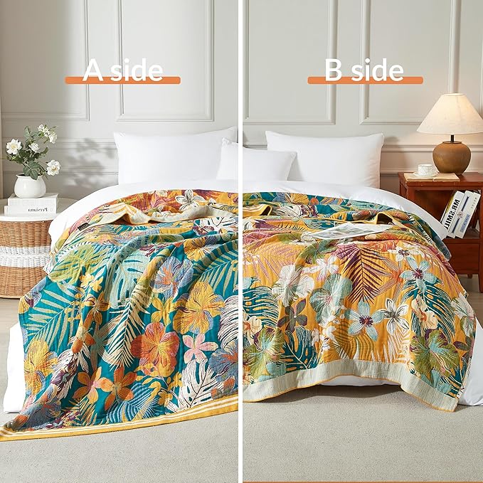 Boho Throw Blanket for Bed 60”x80”, 100% Cotton Woven Blanket for Couch Sofa, Ultra Soft 4-Layer Muslin Quilt with Floral Printed, Farmhouse Bed Blanket/Cover for Living Room Decor