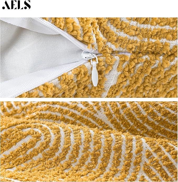 AELS Boho Decorative Textured Throw Pillow Covers 12x20, Organic Modern Mid Century Rainbow Tufted Pillow Case, Farmhouse Rustic Geometric Woven Cushion Case for Bed Couch Sofa, Mustard Yellow