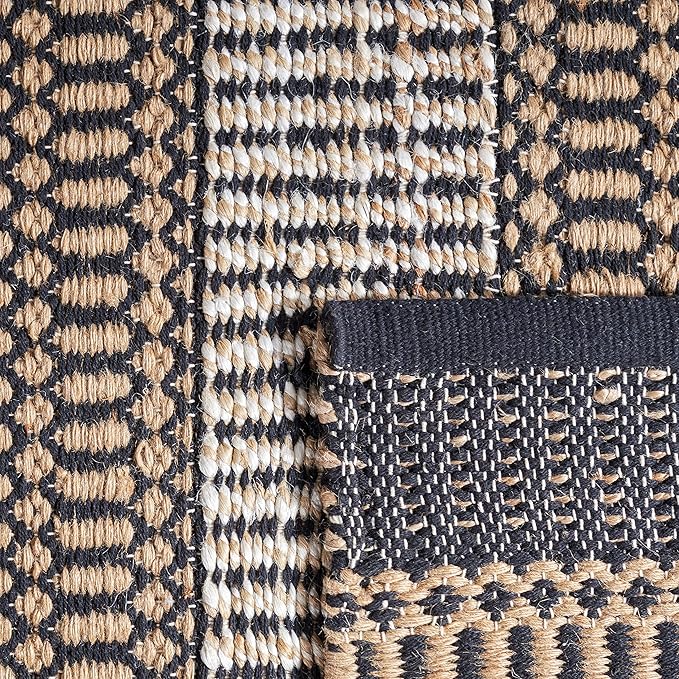 SAFAVIEH Natural Fiber Collection Area Rug - 6'6" Square, Black & Natural, Handmade Flat Weave Stripe Jute & Cotton, Ideal for High Traffic Areas in Living Room, Bedroom (NFB652Z)