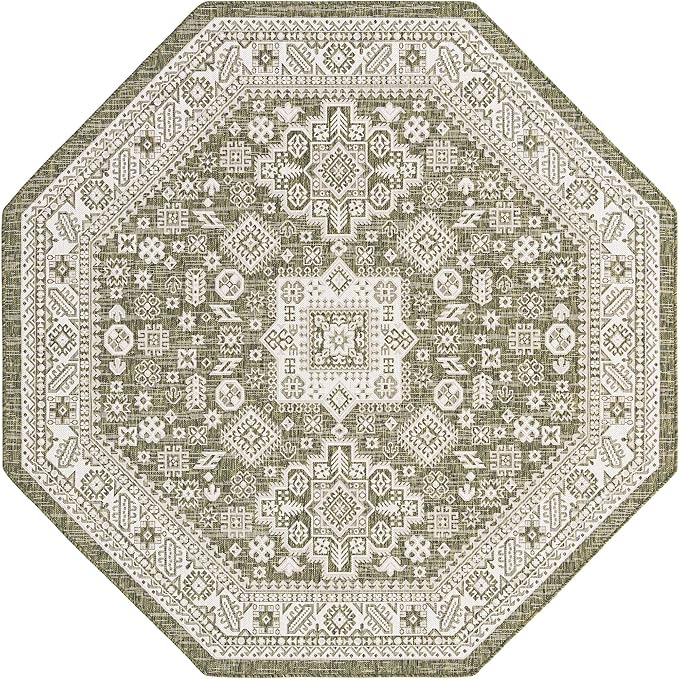Rugs.com Outdoor Aztec Collection Rug – 8 Ft Octagon Green Flatweave Rug Perfect for Living Rooms, Kitchens, Entryways