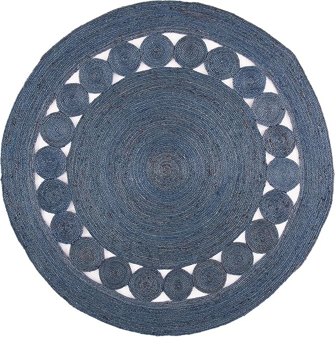 SAFAVIEH Area Rug 6' Round - Natural Fiber Collection - Navy, Handmade Jute, Boho Farmhouse Braided Design (NF364N)