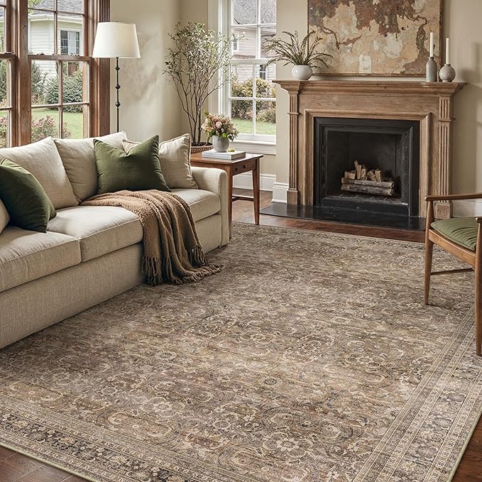 HUGEAR Area Rug 9x12 Vintage Brown Machine Washable Living Room Rugs Distressed Retro Floral Vacuumable Low Pile Carpet Bedroom Office Dining Room Laundry Room Non Slip Soft Lightweight
