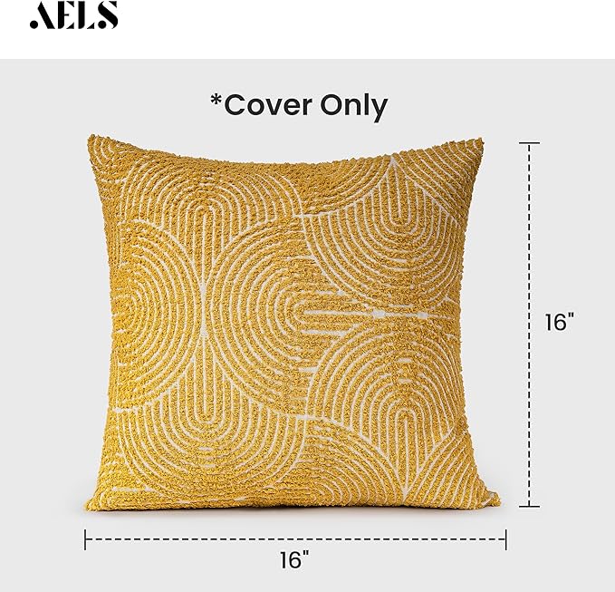 AELS Boho Decorative Textured Throw Pillow Covers 16x16, Organic Modern Mid Century Rainbow Tufted Pillow Case, Farmhouse Rustic Geometric Woven Cushion Case for Bed Couch Sofa, Mustard Yellow