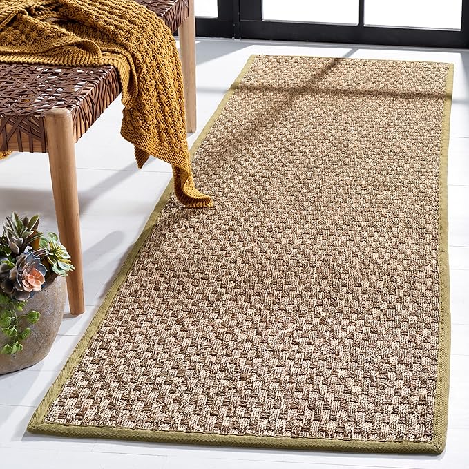 SAFAVIEH Natural Fiber Collection Runner Rug - 2'6" x 8', Natural & Olive Green, Seagrass, Basketweave Pattern with Border (NF114G)