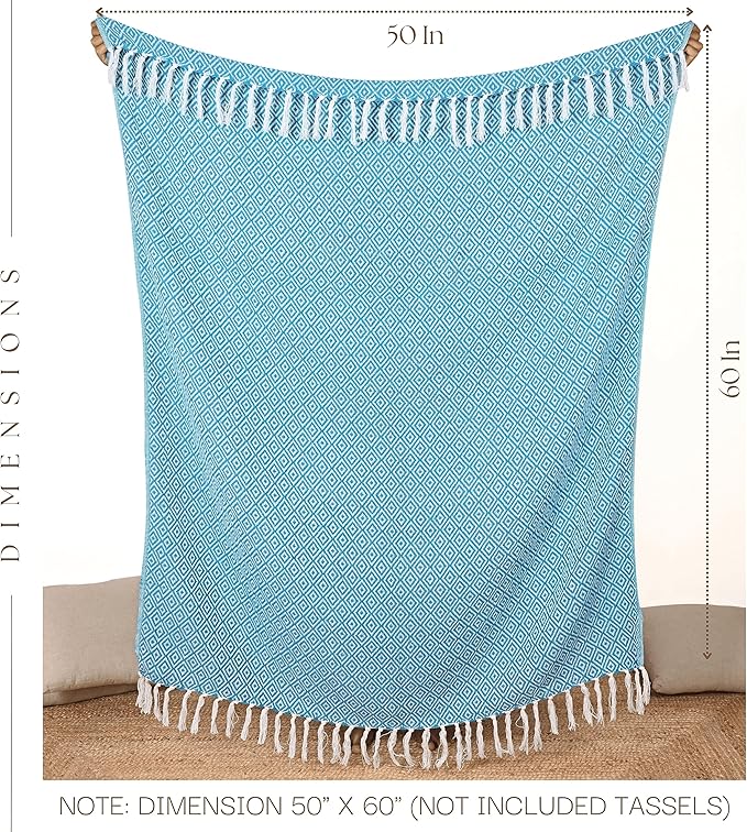 RAJRANG Throw Blanket Cotton with Tassel - 50x60 Inches Soft 100% Cotton Boho Decorative Farmhouse Throw for Bed Sofa Chairs and Couch Caribbean Sea Blue