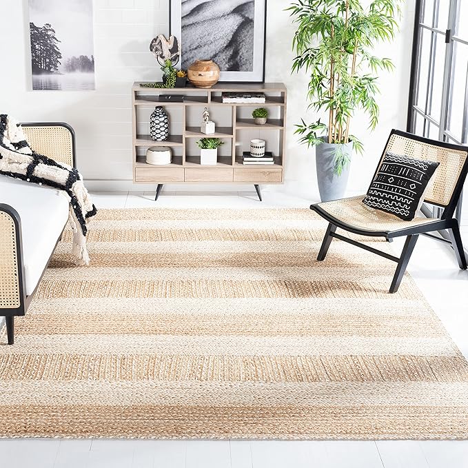 SAFAVIEH Natural Fiber Collection Area Rug - 9' x 12', Natural & Ivory, Handmade Stripe Jute, Ideal for High Traffic Areas in Living Room, Bedroom (NF887A)