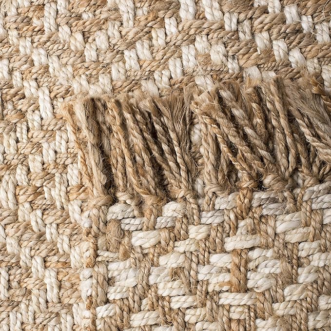 SAFAVIEH Natural Fiber Collection Area Rug - 6' Square, Ivory & Natural, Handmade Boho Diamond Tassel Jute, Ideal for High Traffic Areas in Living Room, Bedroom (NF266A)
