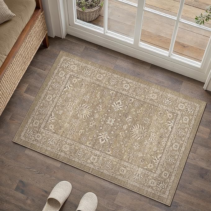 2x3 Area Rug Brown Washable Entryway Vintage Carpet Door Mat Small Non Slip Stain Soft Resistant Low Pile Thin Boho Accent Indoor Throw Rug for Kitchen Bathroom Entrance Bedroom