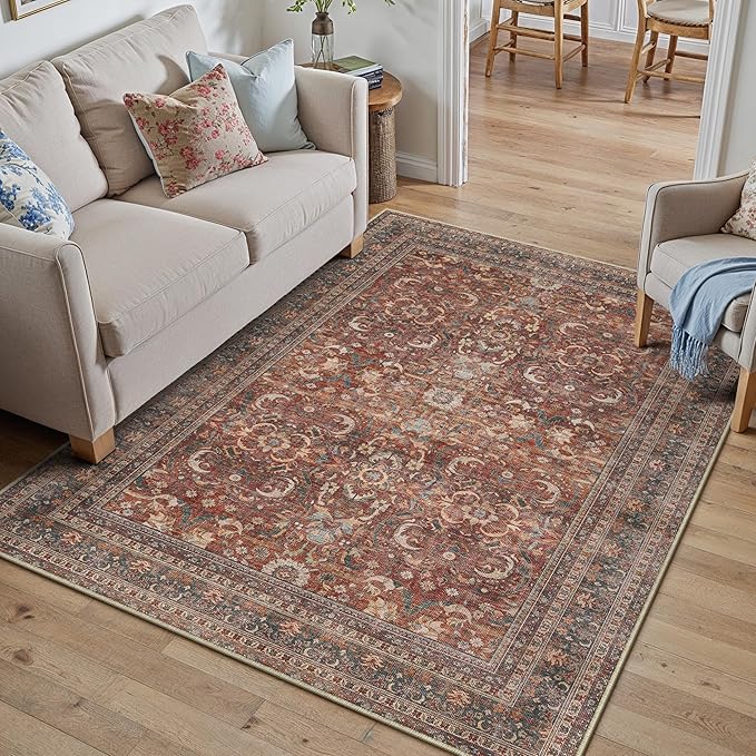 HUGEAR 4x6 Entryway Area Rug Vintage Brick Red Small Rug Machine Washable Door Mat Retro Floral Low Pile Carpet Vacuumable Distressed Throw Rugs Entrance Kitchen Bedroom Non Slip Lightweight