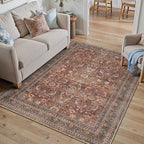 HUGEAR 4x6 Entryway Area Rug Vintage Brick Red Small Rug Machine Washable Door Mat Retro Floral Low Pile Carpet Vacuumable Distressed Throw Rugs Entrance Kitchen Bedroom Non Slip Lightweight