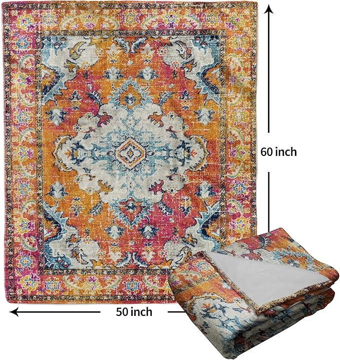 Vintage Rug Blanket Soft Flannel Lightweight Red Orange Retro Carpet Aesthetic Throw Blanket Cozy Warm Blankets All Seasons Living Room Decor for Kids Adults Use On Couch Bed Office 50x60 inch