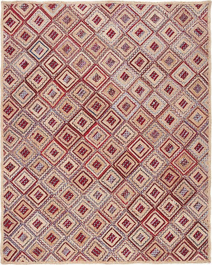 SAFAVIEH Cape Cod Collection Area Rug - 9' x 12', Natural & Red, Handmade Flat Weave Diamond Braided Jute & Denim, Ideal for High Traffic Areas in Living Room, Bedroom (CAP354B)