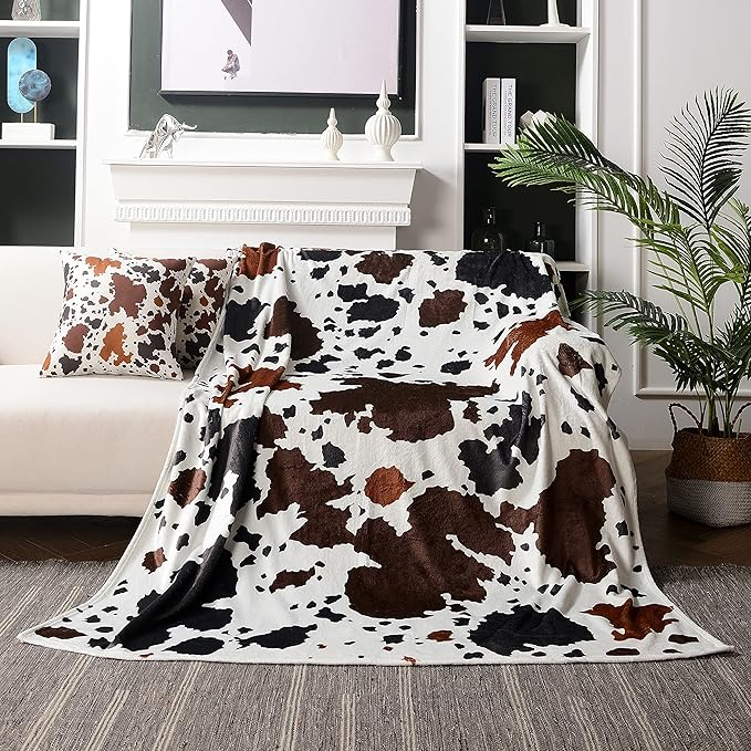 WIBUE Cow Throw Blanket 80"x60" with 2 Pcs Pillow Covers 18"x18", Decorative Fleece Blanket 3 Piece Set, Fuzzy Soft Cozy Warm Lightweight Blanket for Bed Sofa Couch Chair