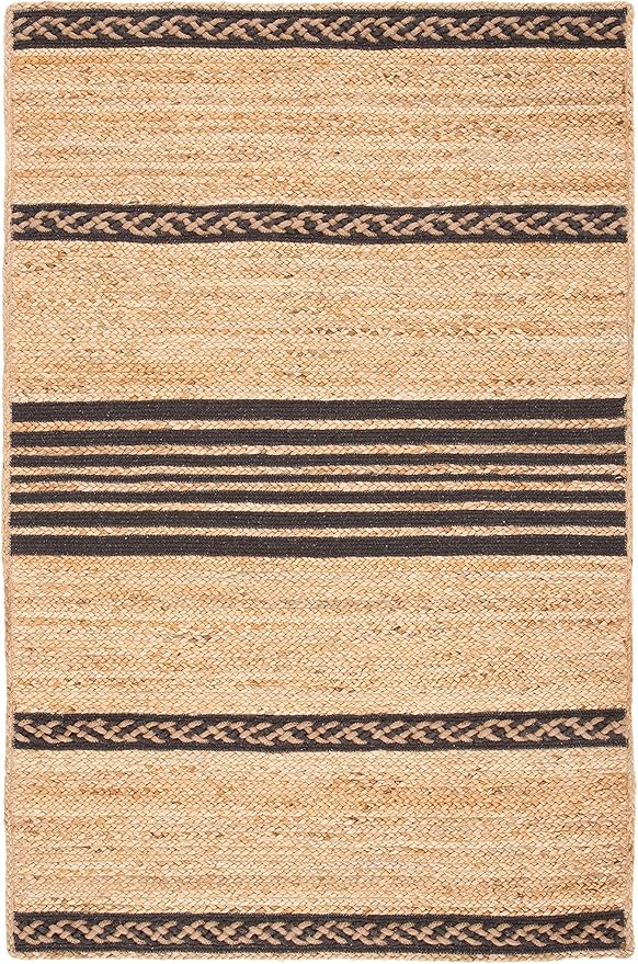 SAFAVIEH Natural Fiber Collection Accent Rug - 4' x 6', Natural & Brown, Handmade Stripe Boho Farmhouse Rustic Braided Jute, Ideal for High Traffic Areas in Entryway, Living Room, Bedroom (NFB262T)