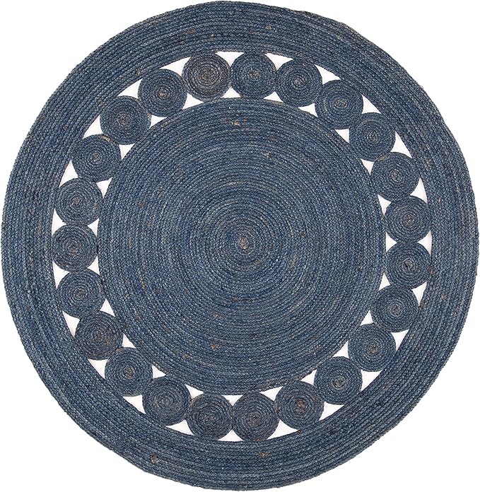 SAFAVIEH Area Rug 5' Round - Natural Fiber Collection - Navy, Handmade Jute, Boho Farmhouse Braided Design (NF364N)