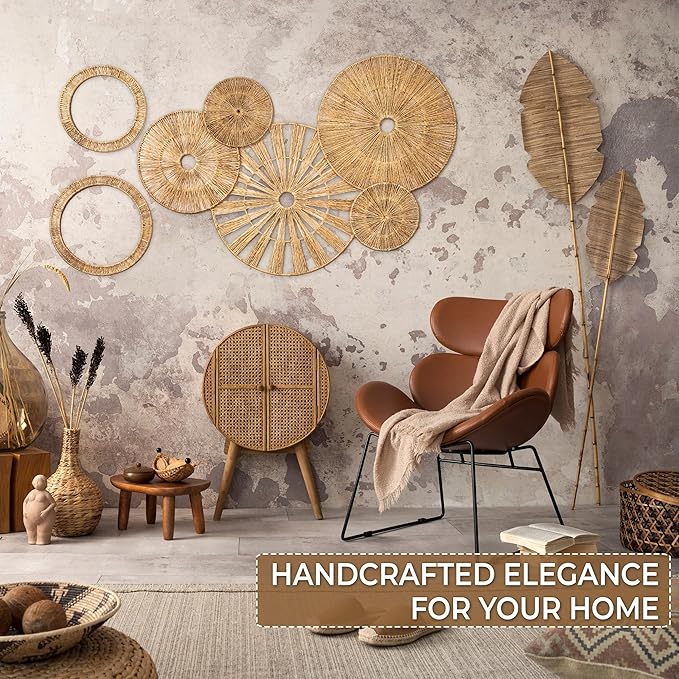 Xavia Handicrafts Set of 7 Boho Wicker Rattan Plate Basket For Décor Hanging Wall | Large Woven Farmhouse Rustic Bohemian Art Baket Hangings For Decorative Home, Bedroom, Living Room, Kitchen, Bathroom