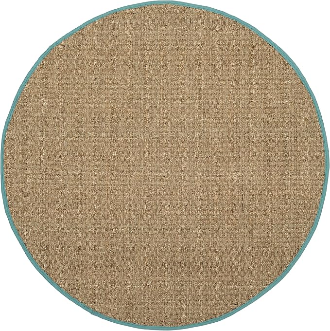 SAFAVIEH Area Rug 8' Round - Natural Fiber Collection - Natural & Teal, Seagrass, Basketweave Pattern with Border (NF114R)