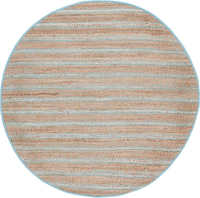 SAFAVIEH Natural Fiber Collection 7' Round Teal/Natural NFB655K Handmade Flat Weave Stripe Jute & Cotton Jute Area Rug