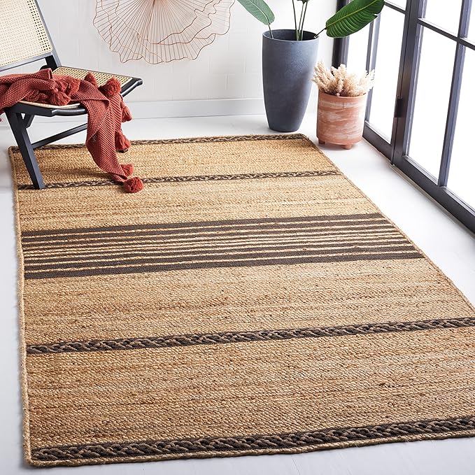 SAFAVIEH Natural Fiber Collection Accent Rug - 3' x 5', Natural & Brown, Handmade Stripe Boho Farmhouse Rustic Braided Jute, Ideal for High Traffic Areas in Entryway, Living Room, Bedroom (NFB262T)