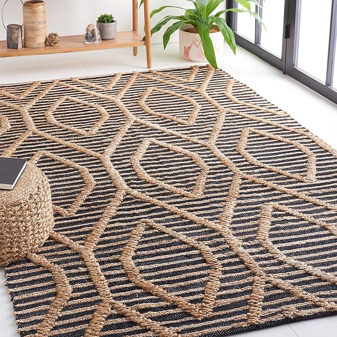 SAFAVIEH Natural Fiber Collection Area Rug - 6' Square, Black & Natural, Flat Weave Farmhouse Geometric Jute Design, Ideal for High Traffic Areas in Living Room, Bedroom (NF378Z)