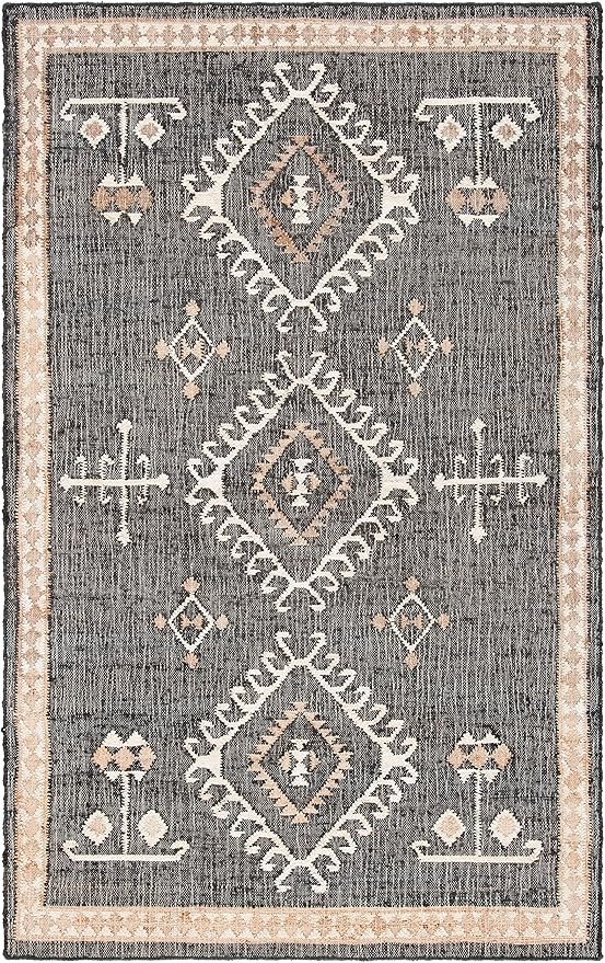 SAFAVIEH Kilim Collection Accent Rug - 4' x 6', Black & Ivory, Handmade Flat Weave Jute, Ideal for High Traffic Areas in Entryway, Living Room, Bedroom (KLM762Z)