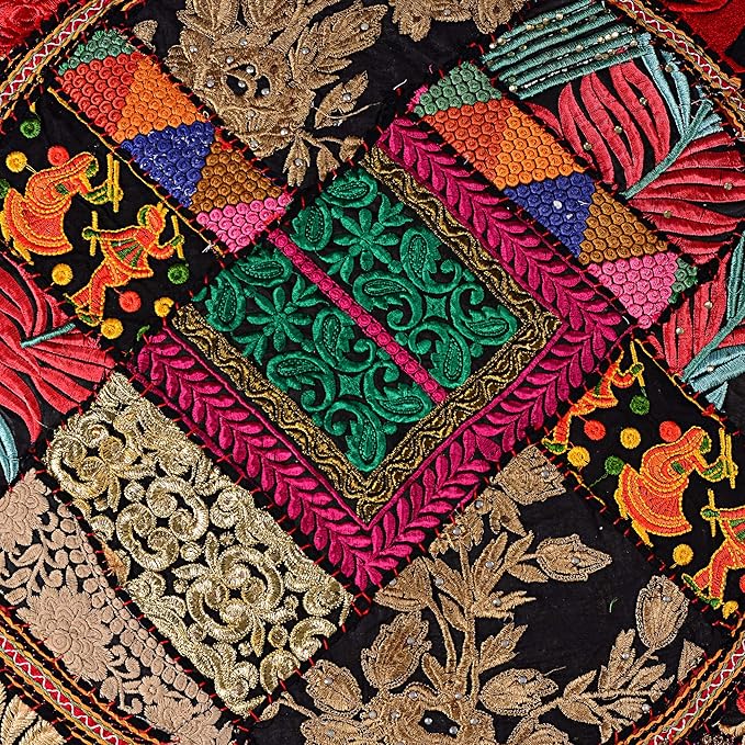 Rajasthani Handmade Colorful Decorative Floor Pillow Cover Meditation Patchwork Patchwork Cushion Seating Accent Boho Chic Indian Handmade Cover ONLY (Black Patchwork, 32x32 Inches)