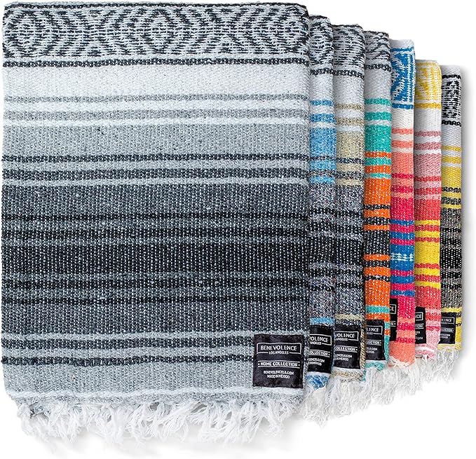 Benevolence LA Authentic Handwoven Mexican Blanket | Yoga Blankets, Outdoor, Picnic, Beach, Camping | Equestrian Saddle | Serape 50x70 inches - Gray, Pack of 1