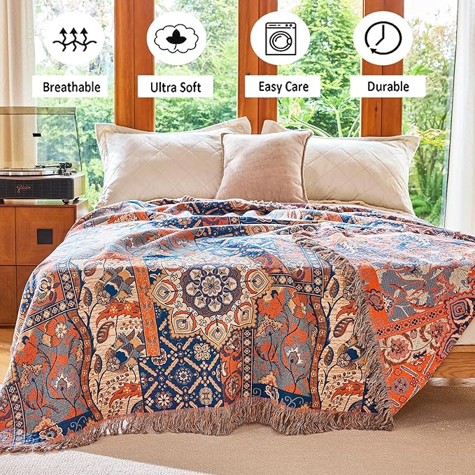 Boho Throw Blanket for Bed Couch 80" x 90", 100% Organic Cotton Skin-Friendly Ultra Soft Quilt Throw - Floral Rustic Living Room Decor Luxury Reversible Blanket for Sofa Chair and Gift