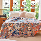 Boho Throw Blanket for Bed Couch 91" x 98", 100% Organic Cotton Skin-Friendly Ultra Soft Quilt Throw - Floral Rustic Living Room Decor Luxury Reversible Blanket for Sofa Chair and Gift