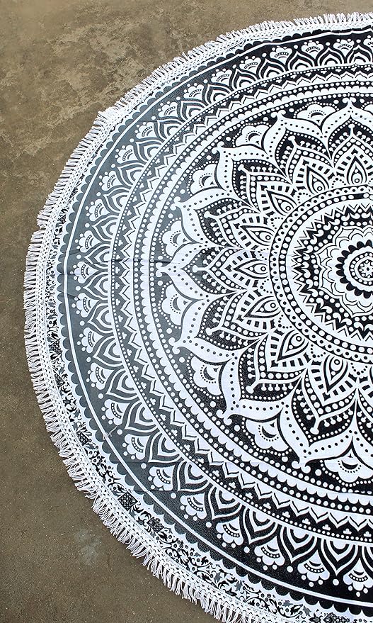 Round Beach Tapestry Turquoise Mandala Throw/Boho Hippie Beach Blanket Roundie/Indian Cotton Bohemian Large Round Table Cloth-Home Decor/Yoga Mat Meditation Picnic Rug (42", Grey)