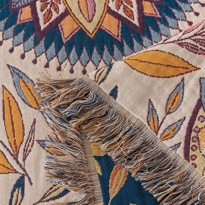 Boho Throw Blanket Queen Size, Soft Cozy Cotton Muslin Quilt Blanket for Bed Decor, Floral Patterned Couch Sofa Chair Cover, Vintage Farmhouse Cottage Tapestry Woven Blanket, Beige&Blue