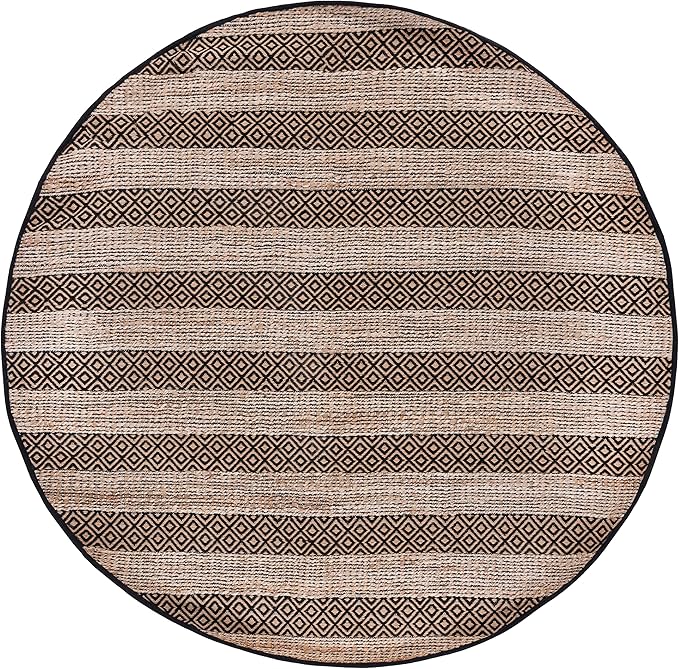 SAFAVIEH Natural Fiber Collection 7' Round Black/Natural NFB653Z Handmade Boho Farmhouse Rustic Jute & Cotton Jute Area Rug