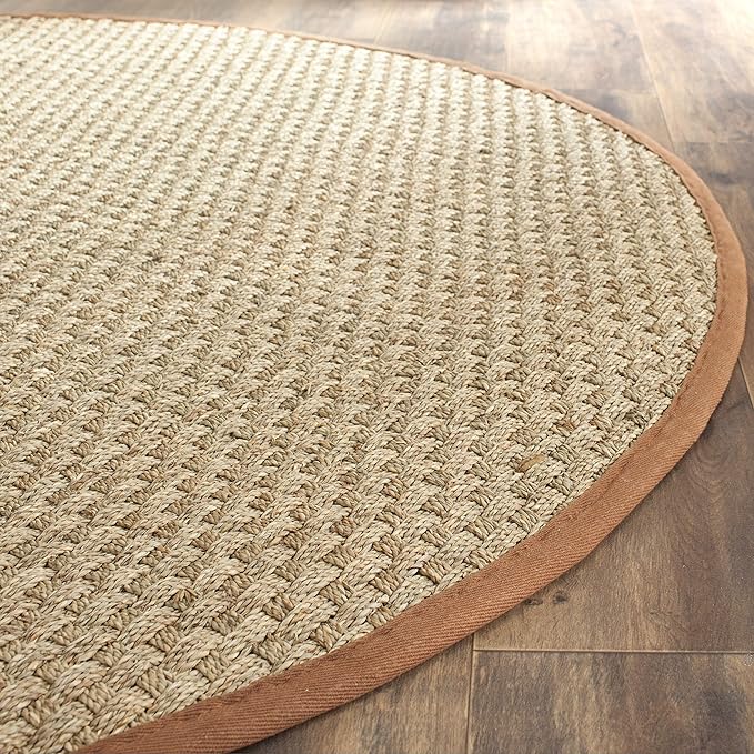 SAFAVIEH Area Rug 6' Round - Natural Fiber Collection - Natural & Brown, Seagrass, Basketweave Pattern with Border (NF114B)