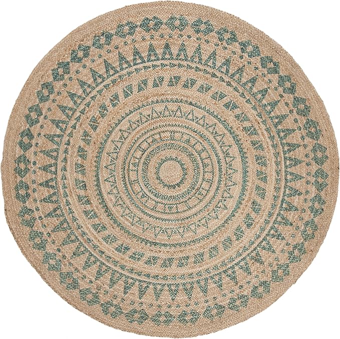 SAFAVIEH Natural Fiber Collection Area Rug - 8' Round, Aqua & Natural, Handmade Boho Mandala Braided Jute, Ideal for High Traffic Areas in Living Room, Bedroom (NF802A)