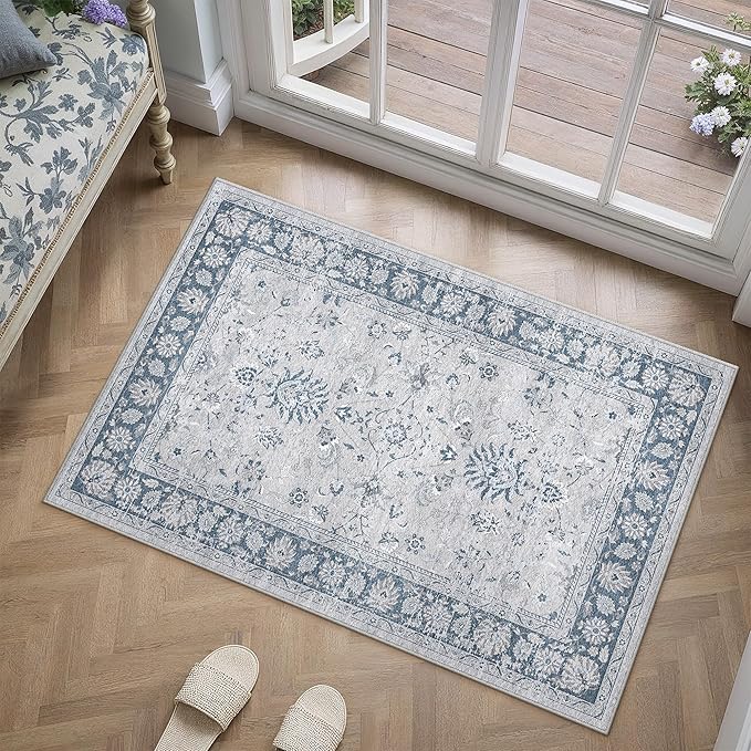 2x3 Area Rug Blue Washable Entryway Vintage Carpet Door Mat Small Non Slip Stain Soft Resistant Low Pile Thin Boho Accent Indoor Throw Rug for Kitchen Bathroom Entrance Bedroom
