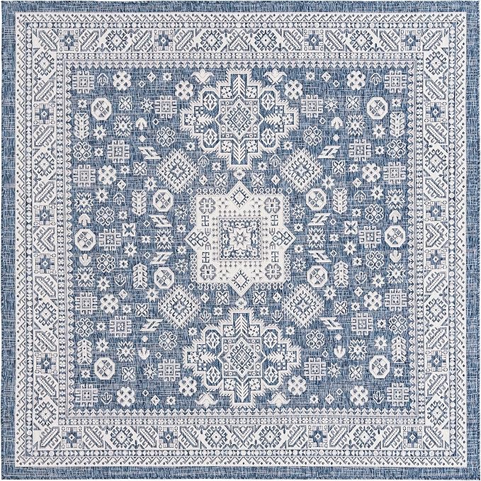 Rugs.com Outdoor Aztec Collection Rug – 8 Ft Square Blue Flatweave Rug Perfect for Living Rooms, Kitchens, Entryways