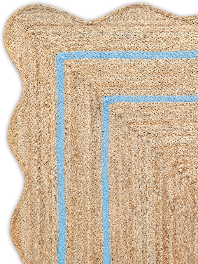 Wave Scalloped Natural Jute Runner, Sky Blue (2'6"x16'): Boho Farmhouse Entryway Scallop Rug