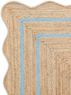 Wave Scalloped Natural Jute Rug Boho Jute Rug Entryway Runner Rug Farmhouse Scallop Rug, Sky Blue (10'x14')