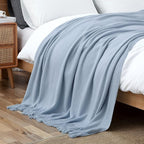 Vonty Light Blue Knitted Blanket with Tassels Fringe 50" x 60", Super Soft Knit Throw Blanket, Farmhouse Decorative Lightweight Blanket for Couch, Bed, Sofa