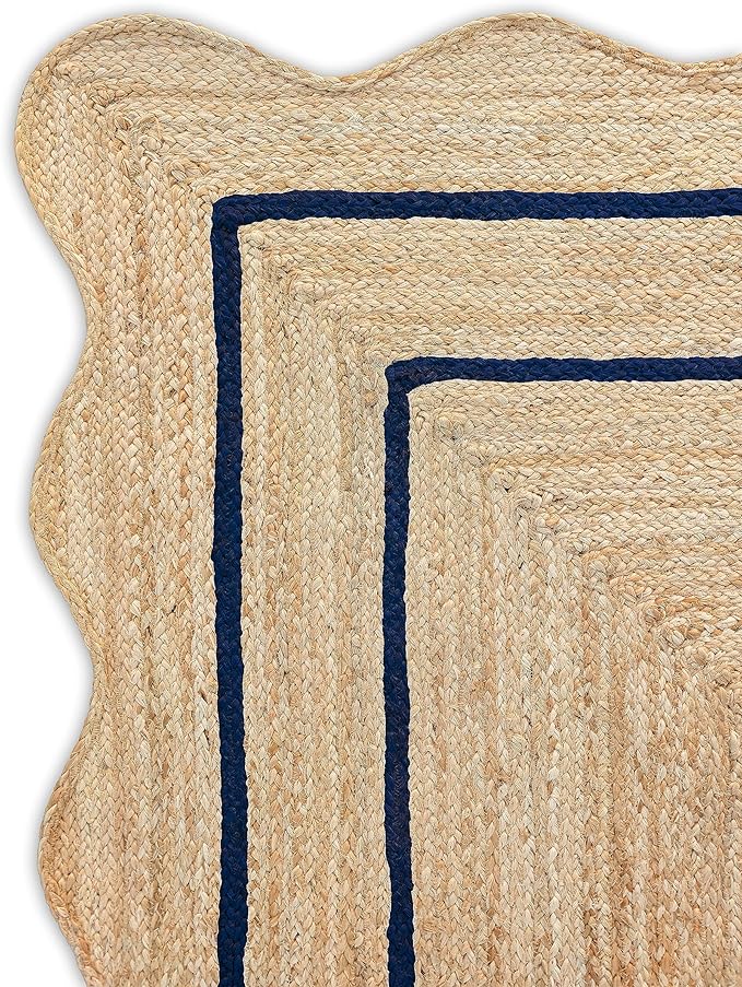 Wave Scalloped Natural Jute Rug Boho Jute Rug Entryway Runner Rug Farmhouse Scallop Rug, Navy (2'x3')