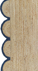 Scalloped Natural Jute Area Rug, Navy Trim, 2'x8'