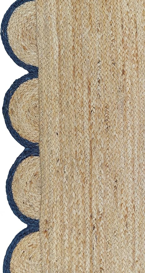 Scalloped Natural Jute Area Rug, Navy Trim, 2'6"x20'