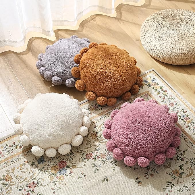 Boho Decorative Throw Pillows Round Floor Cushion with Poms,Cute Floor Seating Plush Pillow for Kids Reading Nook,Home Decor for Chair Sofa Bed Put in Living Room Indoor Outdoor