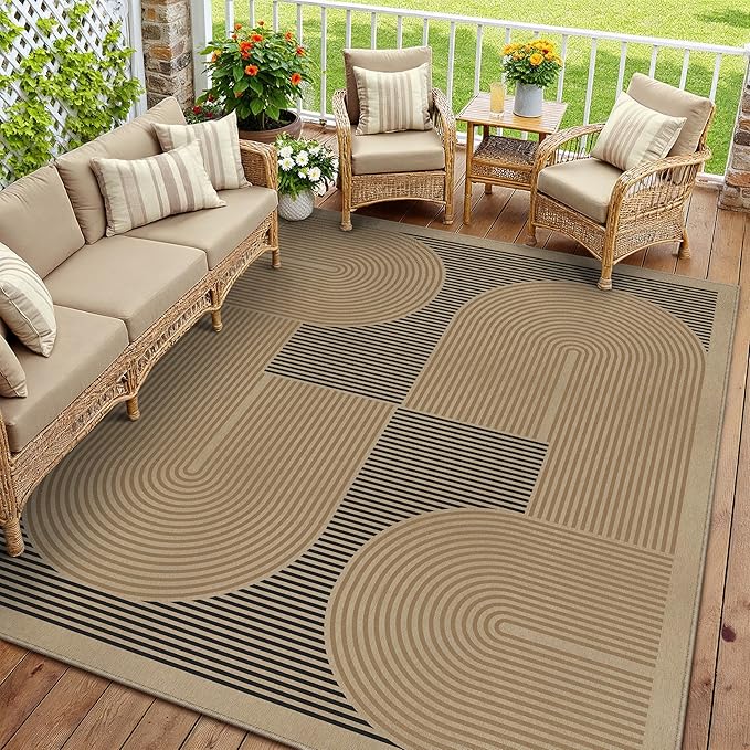 8x10 Modern Geometric Easy Jute Area Rug for Living Room Large Washable Indoor Outdoor Carpet Farmhouse Patio Office Mat Geometric Line Non Slip Black Carpet for Backyard Dining Room